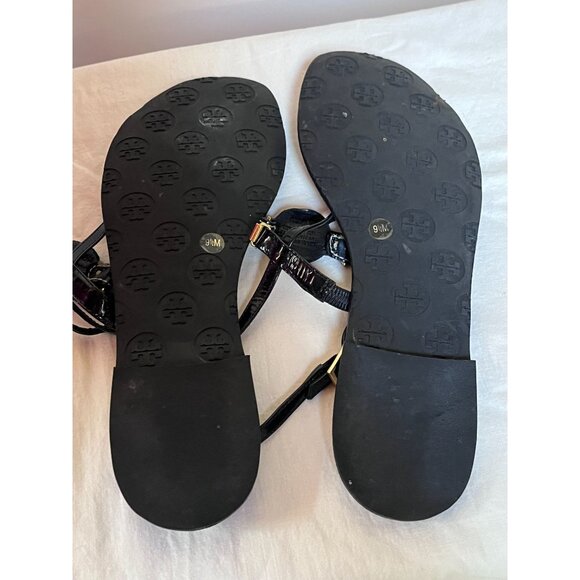 Tory Burch Ali-Anteka Black Patent Leather Thong Sandals Gold Hardware Size 9.5 - Picture 3 of 7